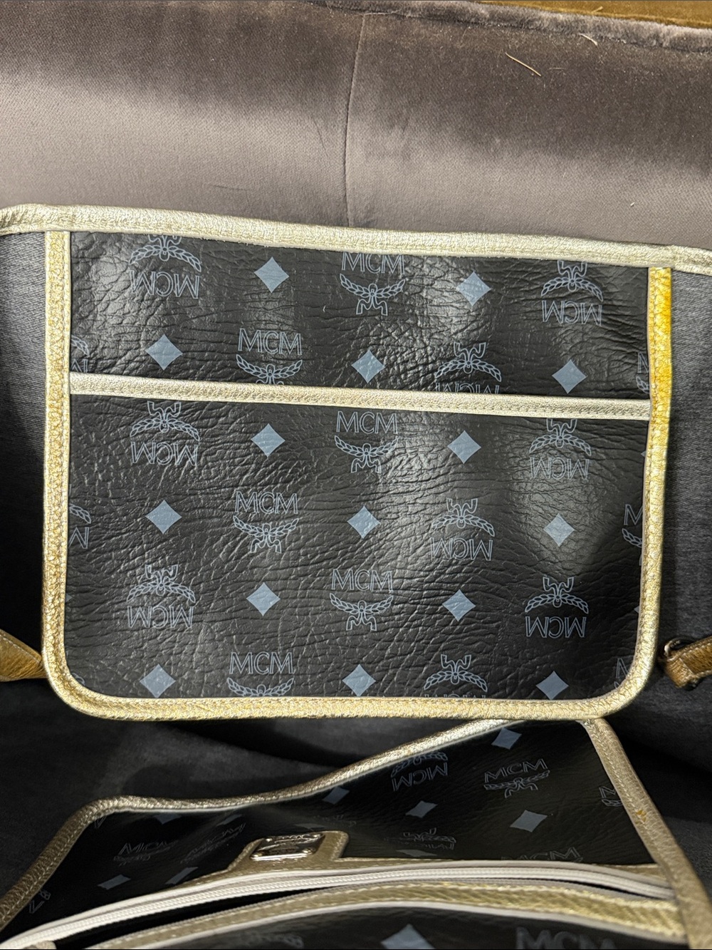 MCM Black Logo Tote with Pink and Yellow Stripe and Silver/Gold Trim - Picture 8 of 10